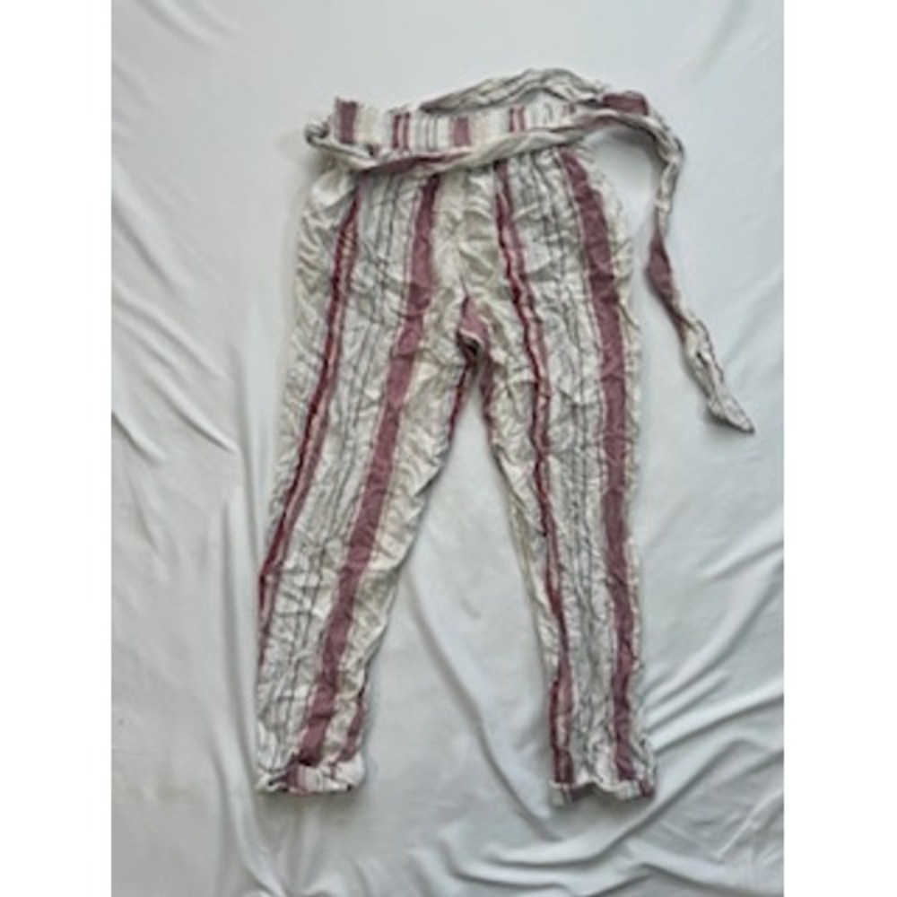 American Eagle Striped Paperbag Waist Pants Mauve White Small Tie Belt Casual